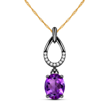 Black Romanticism Natural Oval Purple Amethyst Sterling Silver Necklace